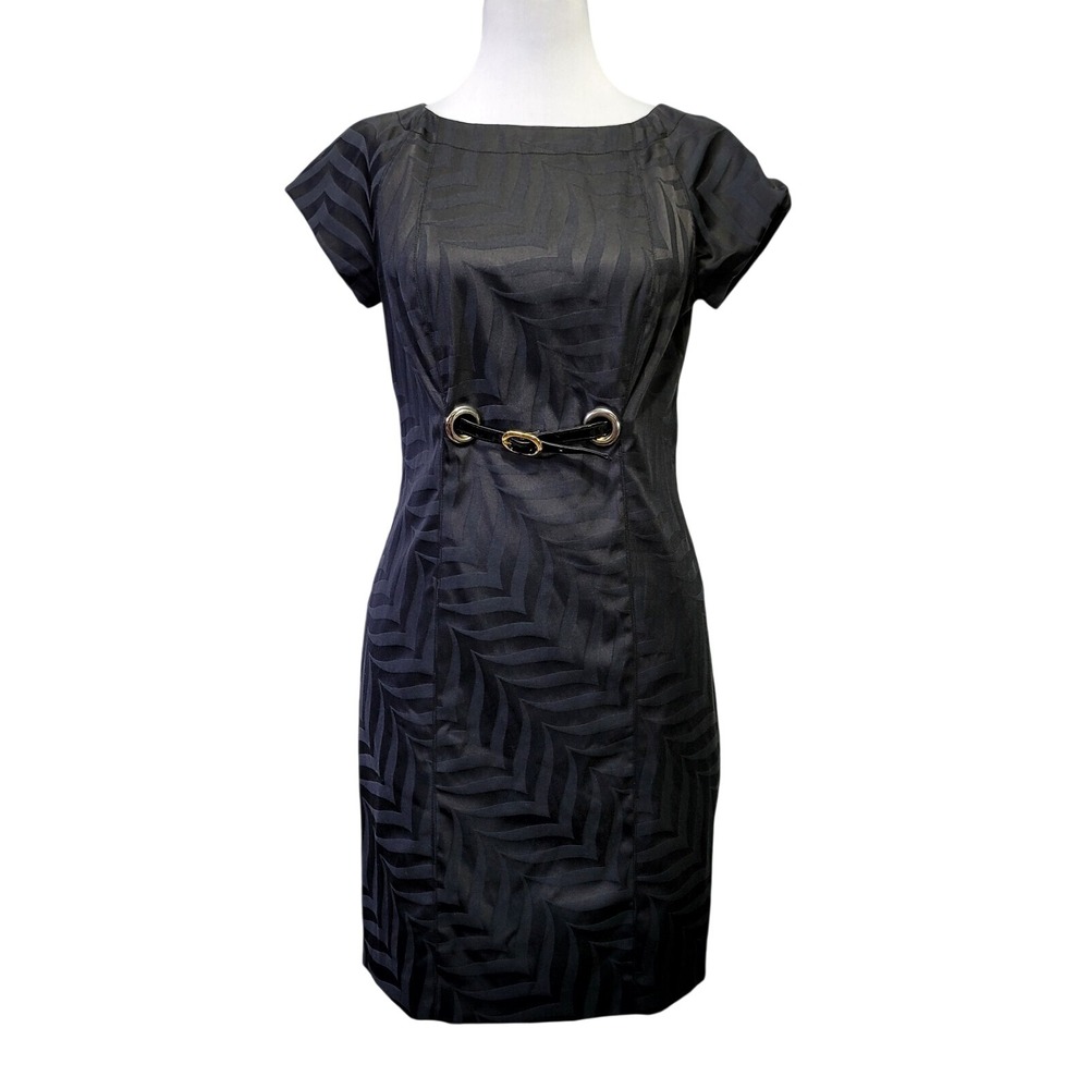 Chetta B Black Jacquard Chevron Sheath Dress Buckle Grommet Detail Size‎ 12